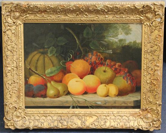 Mid 19th century English School Still lifes of fruits on ledges, 12 x 16in.